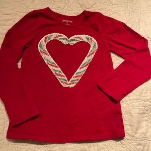 EUC Holiday Candy Cane Sequin Heart Lands End Long Sleeve Red Shirt